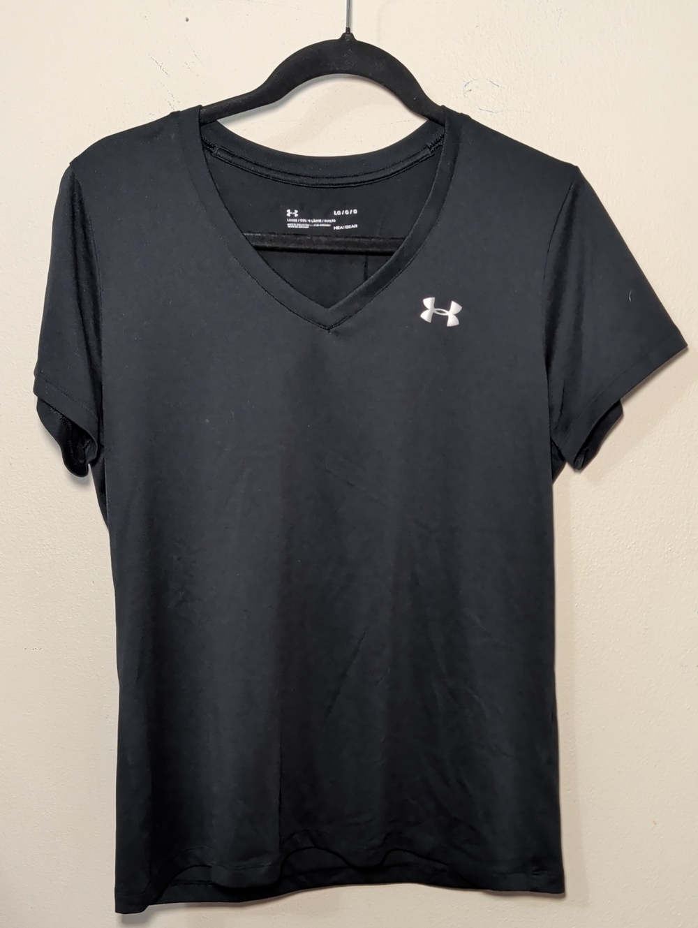 Under Armour Tech V-neck Workout Shirt Black White Loose Heat Gear Womens Size L